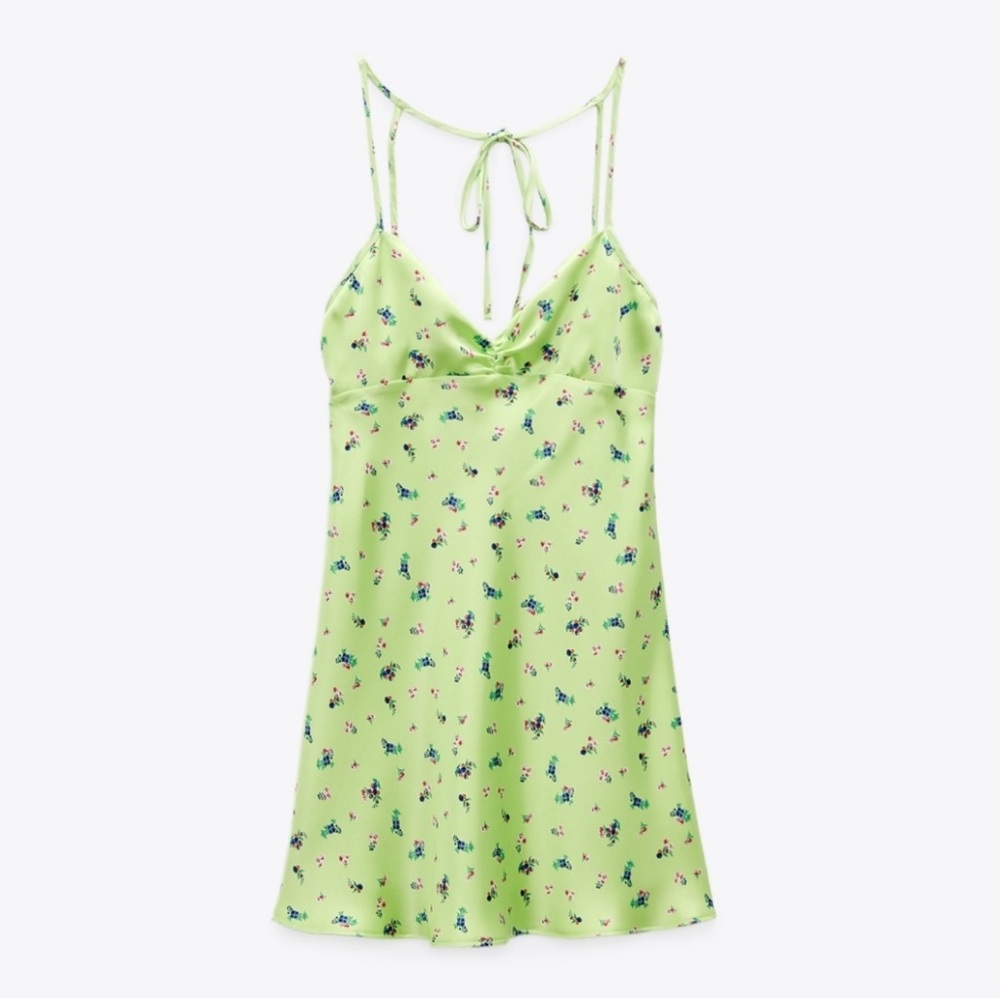 ZARA SHORT SATIN EFFECT DRESS LIGHT LIME GREEN FLORAL SIZE MEDIUM